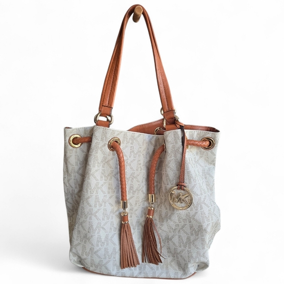 Michael Kors Handbags - MICHAEL Michael Kors Jet Set Large Gathered Tote Tassels Brown Gold Vanilla